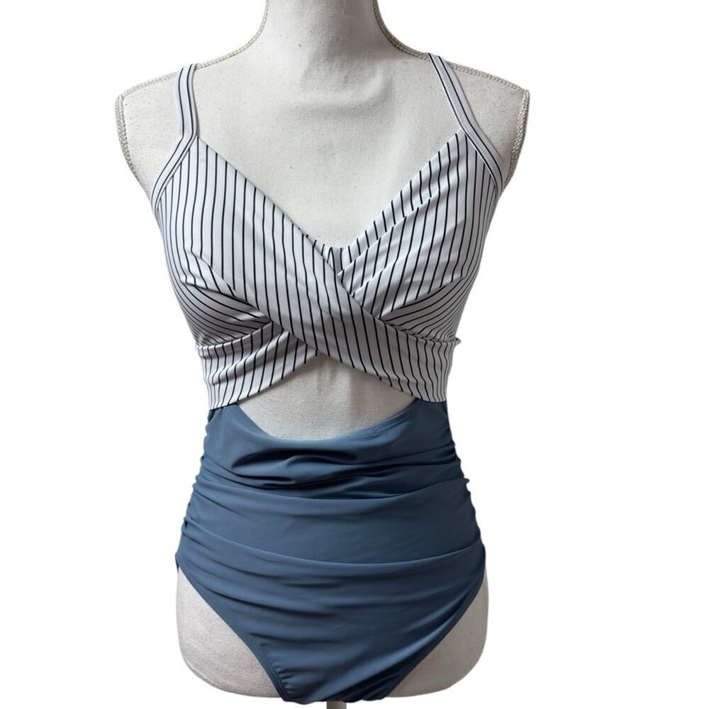 EOMENIE BLUE WHITE BLACK STRIPES ONE PIECE WOMEN SWIMSUIT SIZE SMALL BRAND NEW